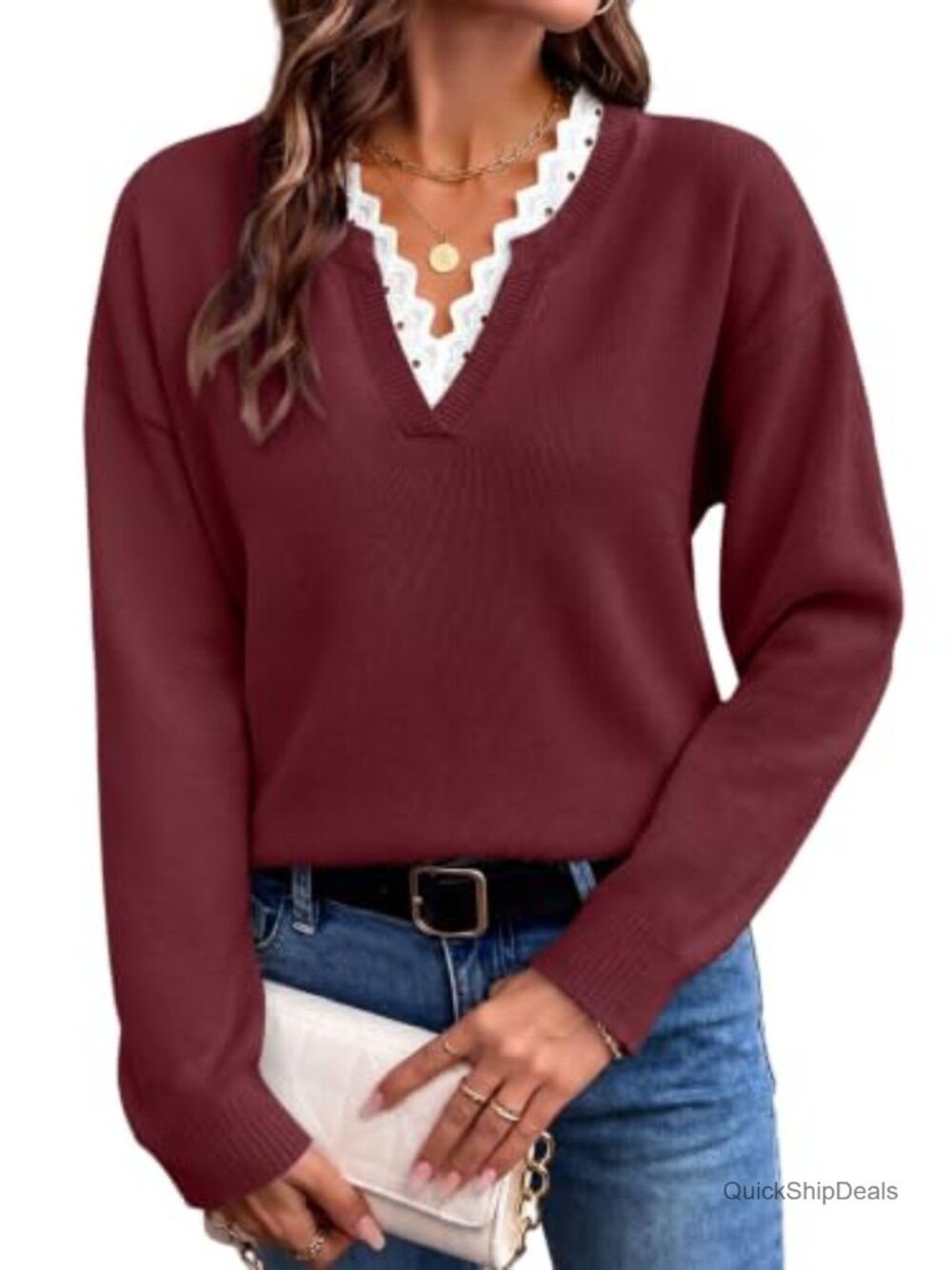 WIHOLL Women's V-Neck Lace Pullover Sweater Long Sleeve Business Casual